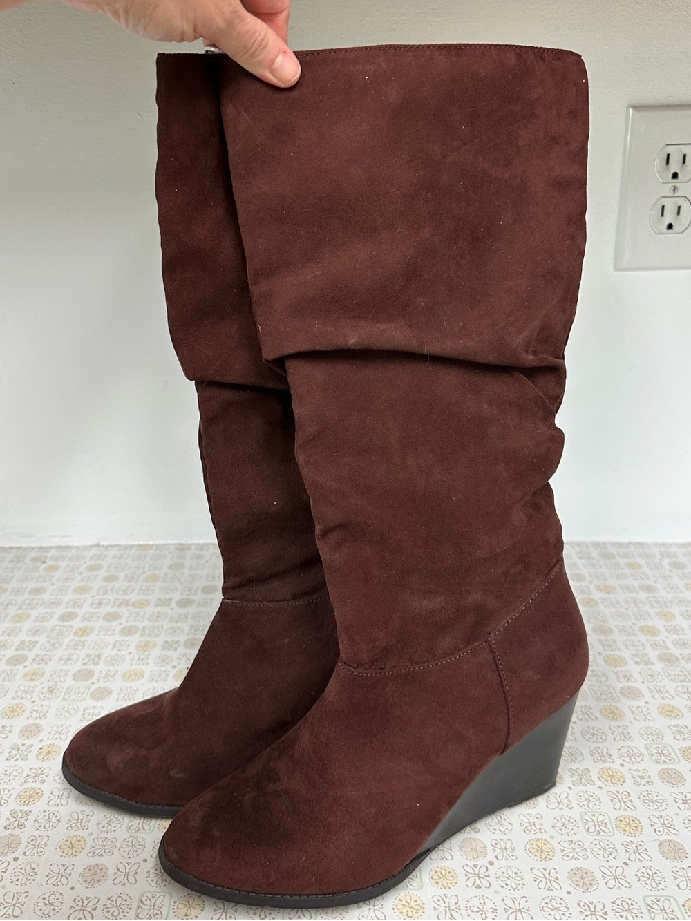 Women's Brown Suede Wedge Knee-High Boots